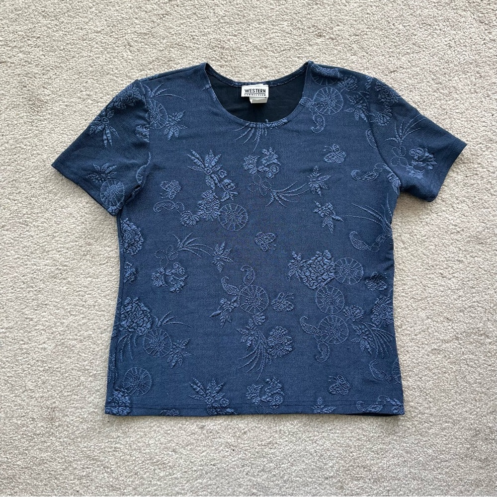 Vintage Western Connection Blue Floral Ebroidered‎ T-Shirt